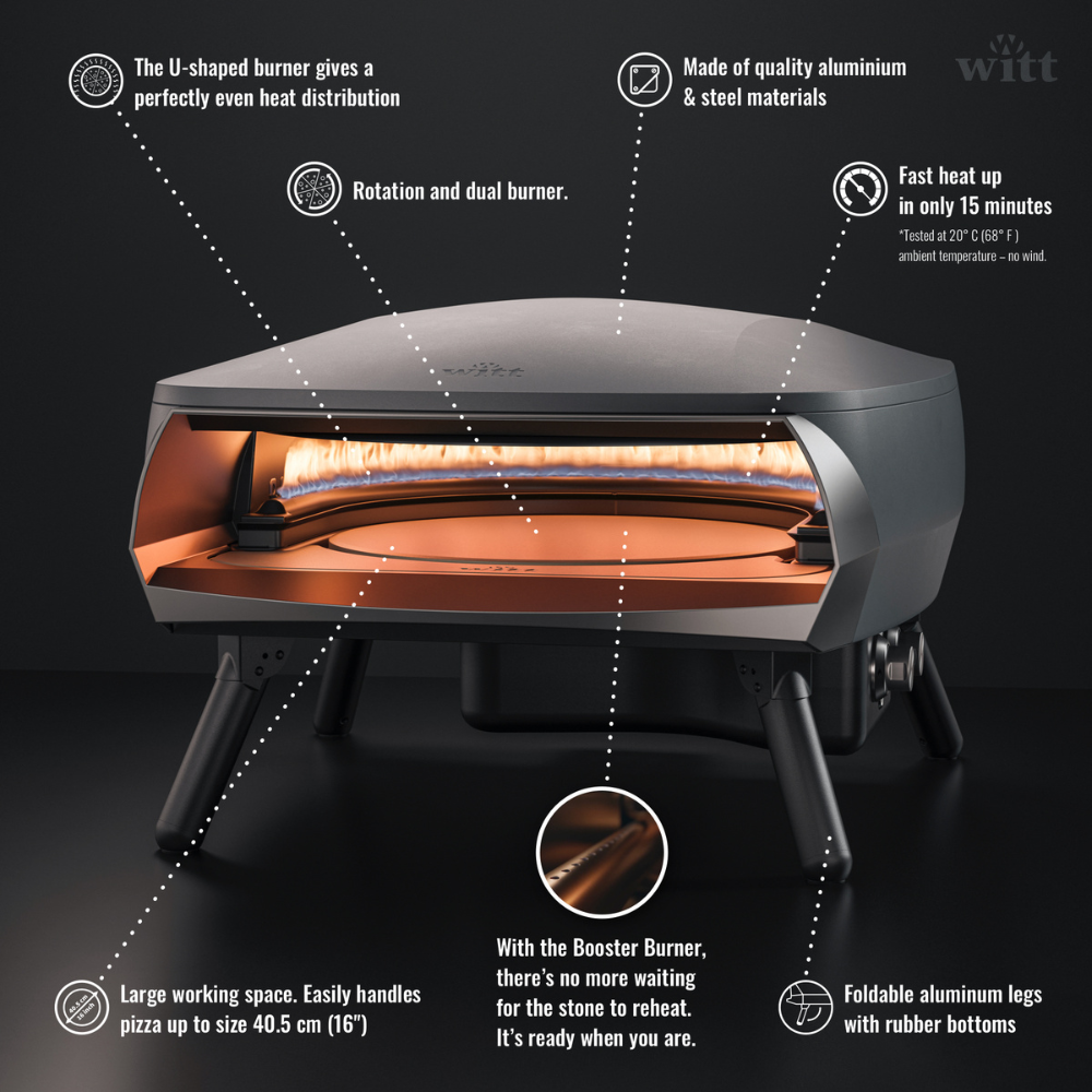 Gas Pizza Oven with Twin Burner & Rotating Stone 16" – High-Heat Outdoor Pizza Maker (Graphite)