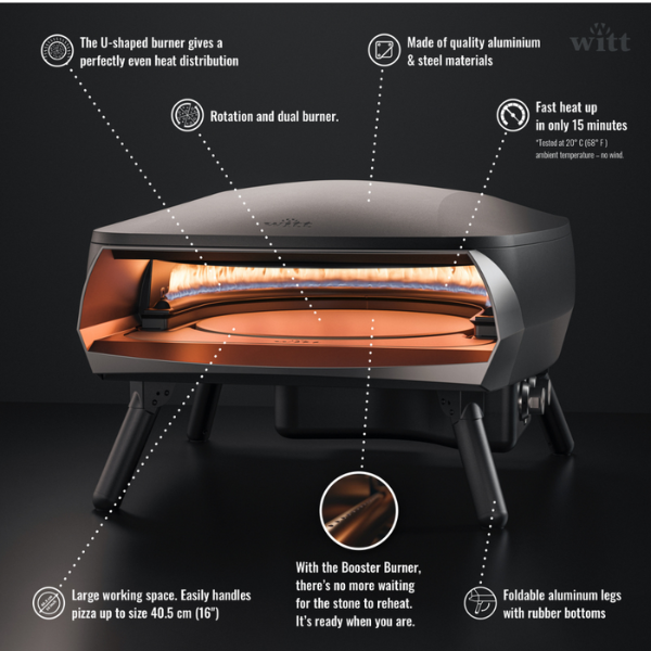 Gas Pizza Oven with Twin Burner & Rotating Stone 16" – High-Heat Outdoor Pizza Maker (Black) - 2 Year Warranty