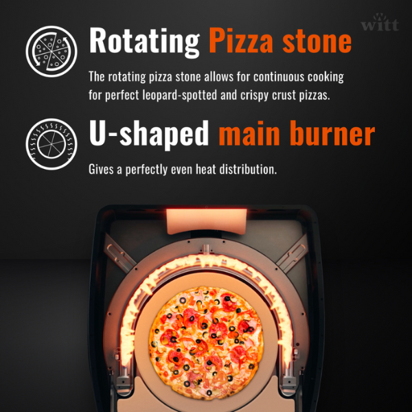 Gas Pizza Oven with Twin Burner & Rotating Stone 16" – High-Heat Outdoor Pizza Maker (Black) - 2 Year Warranty