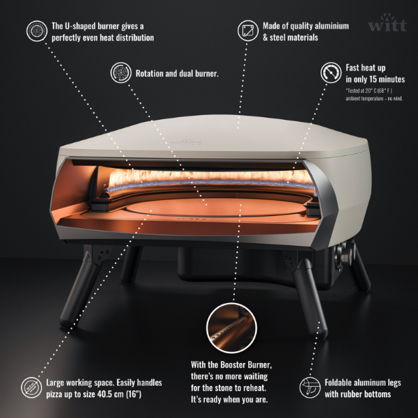 Gas Pizza Oven with Twin Burner & Rotating Stone 16" – High-Heat Outdoor Pizza Maker (Stone) - 2 Year Warranty