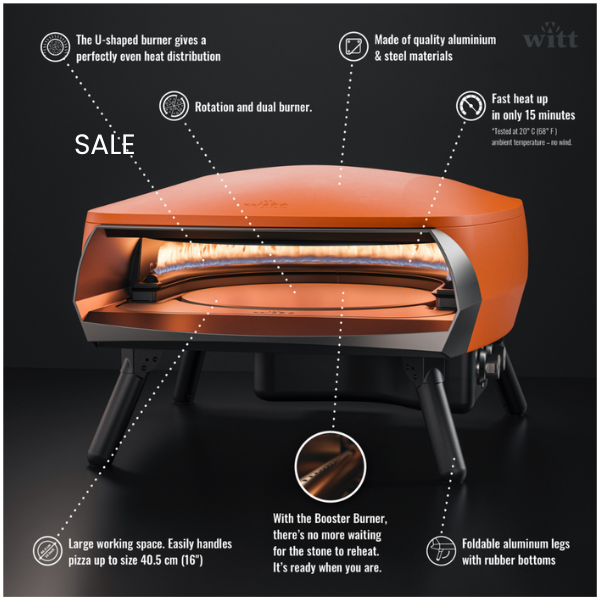 Gas Pizza Oven with Twin Burner & Rotating Stone 16" – High-Heat Outdoor Pizza Maker (Orange) - 2 Year Warranty